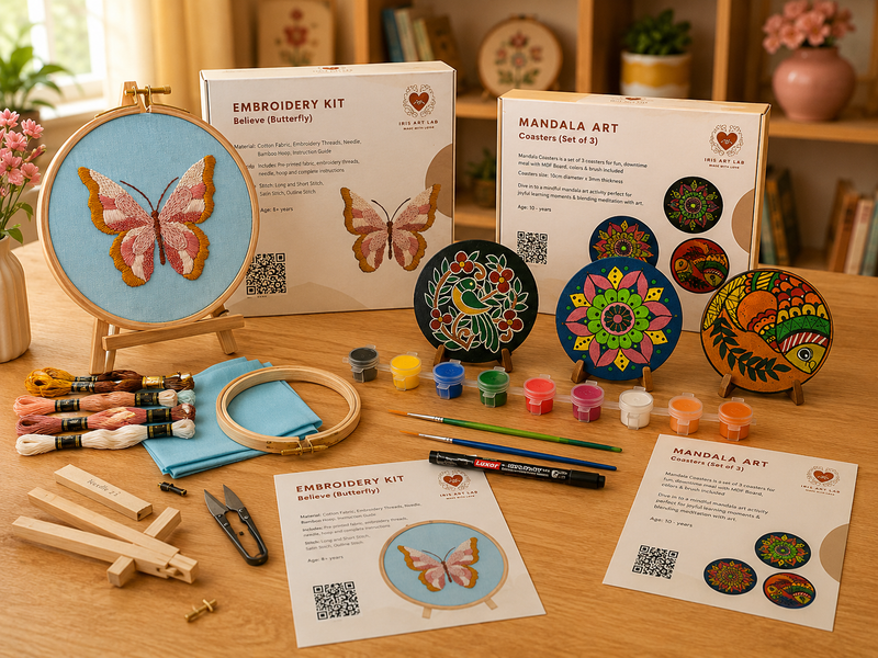 Butterfly Embroidery Kit (Small) + Mandala Coasters Kit