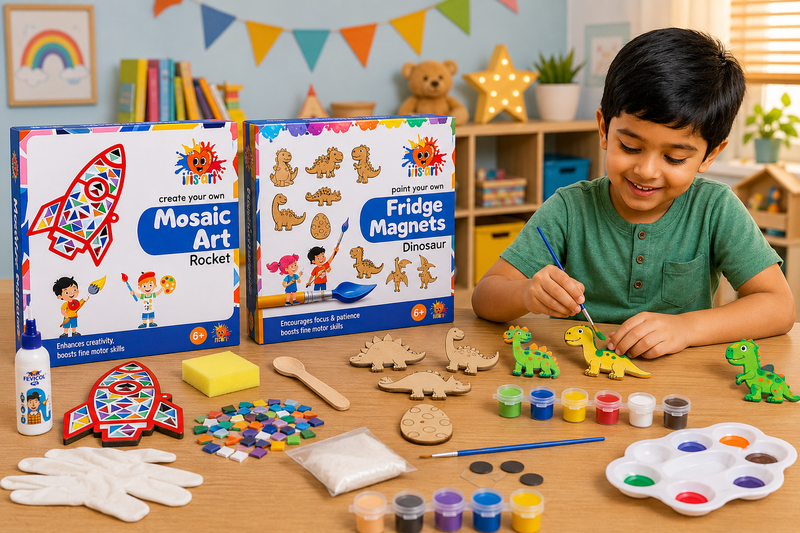 Mosaic Art Kit (Rocket) + Fridge Magnets Kit (Dinosaurs)