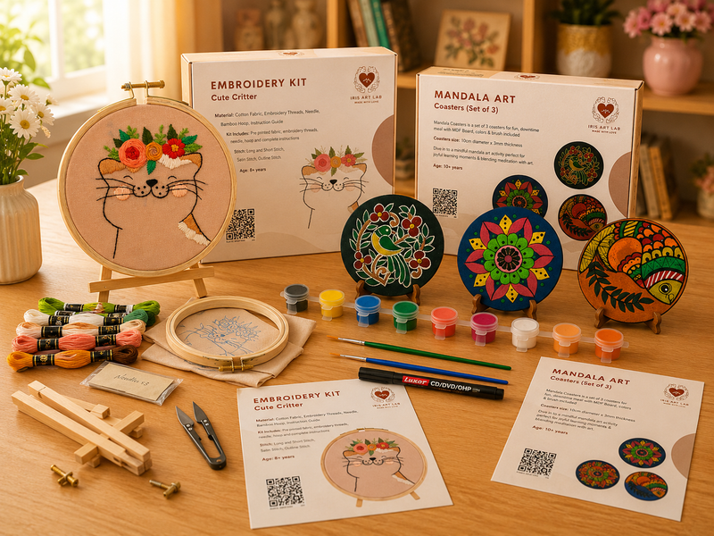 Cute Critter Embroidery Kit (Small) + Mandala Coasters Kit